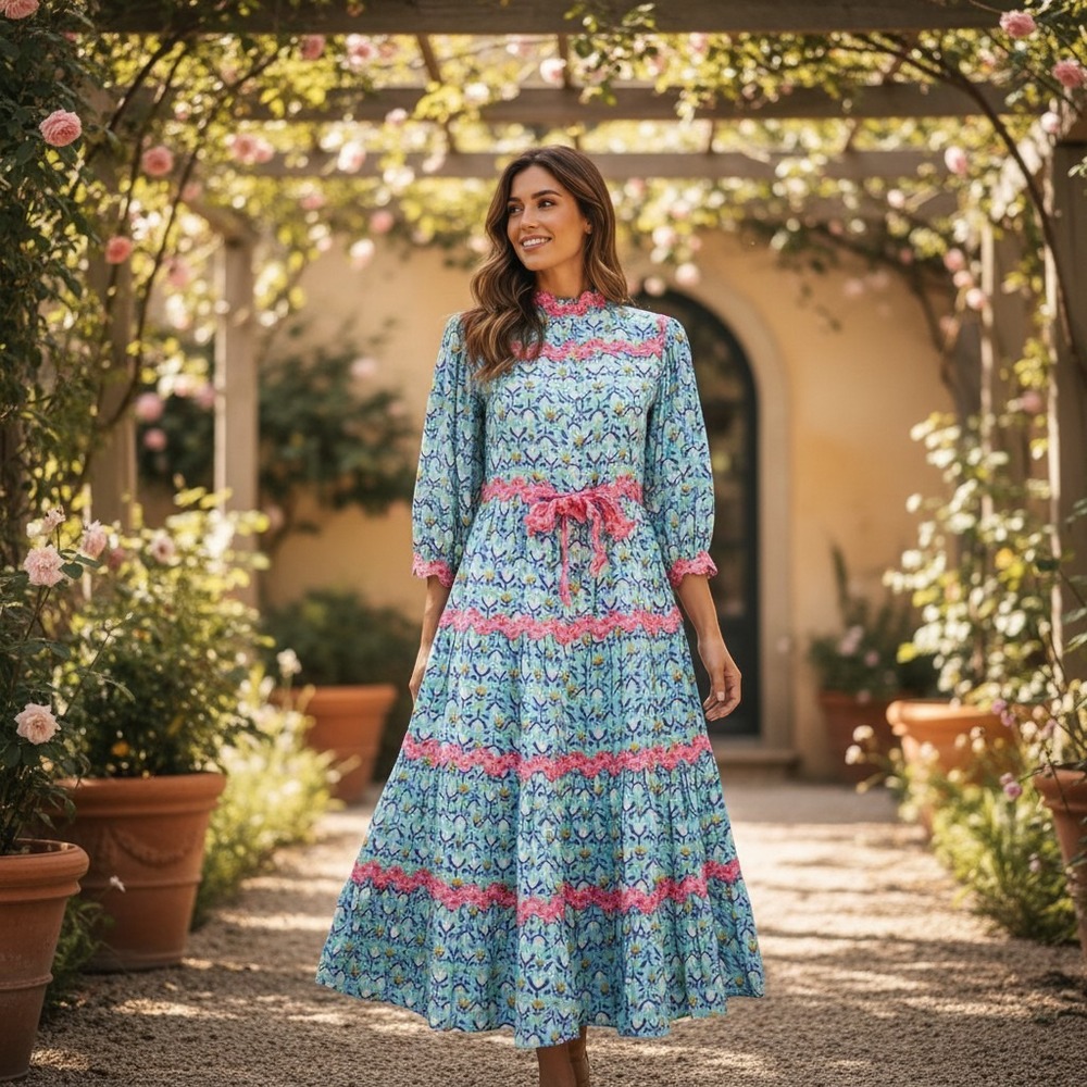 CeliaB Sunset Floral Crepe Dress Blue Pink Tiered Midi Ruffle Neck XS